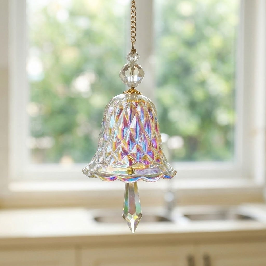 An iridescent bell-shaped glass suncatcher with faceted beads and a pointed drop hangs from a gold-tone chain above a kitchen sink.