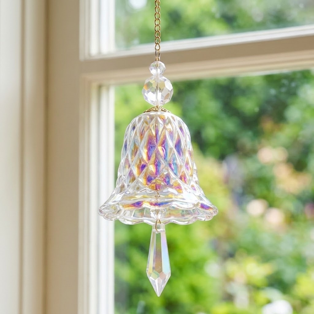 A bell-shaped glass suncatcher with rainbow reflections, faceted beads, and a pointed drop hangs before a white-framed window overlooking greenery.