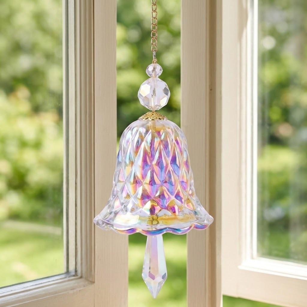 An iridescent bell-shaped glass suncatcher with faceted beads and a pointed drop hangs between open white window frames overlooking greenery.