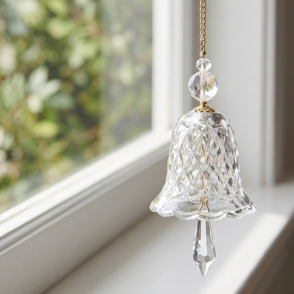 A clear bell-shaped glass suncatcher with faceted beads and a pointed drop hangs beside a white window overlooking greenery.