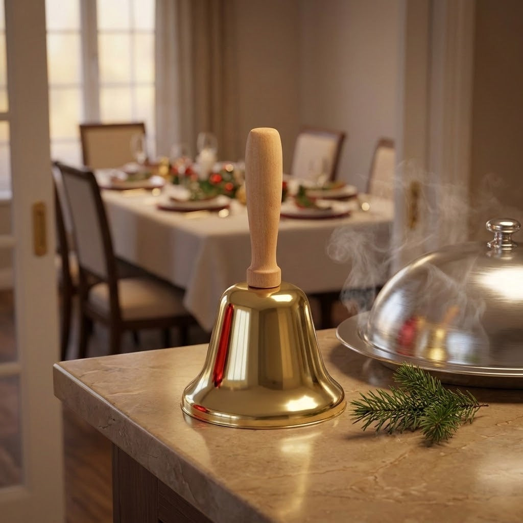 A gold hand bell with a wooden handle stands on a stone counter beside a silver serving dome and evergreen sprig.