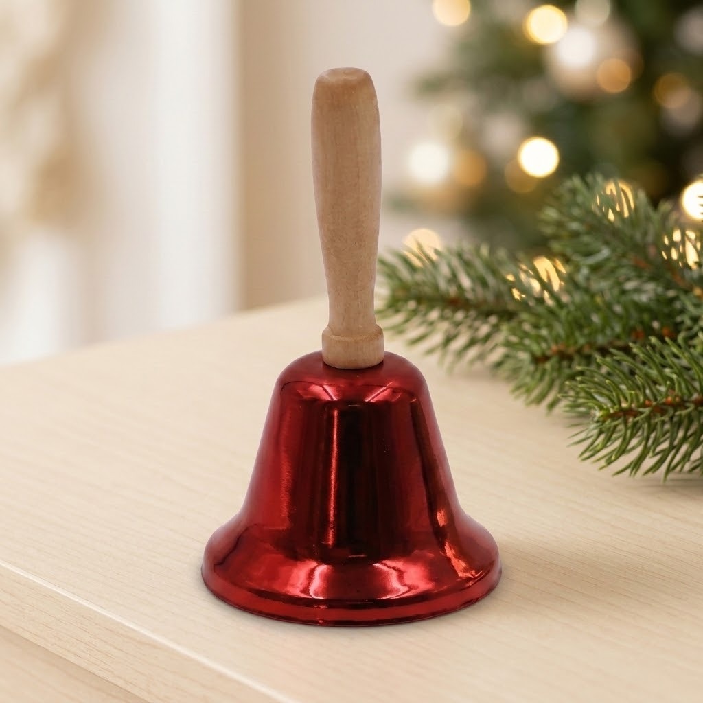 A glossy red hand bell with a wooden handle stands on a pale tabletop beside evergreen branches with blurred Christmas lights behind.