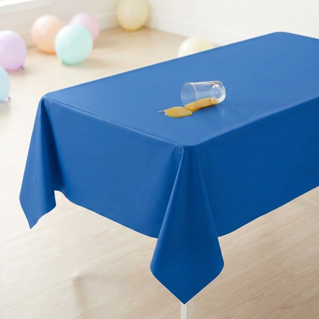 A blue tablecloth covers a rectangular table beneath a tipped glass spilling yellow liquid, with pastel balloons in the background.