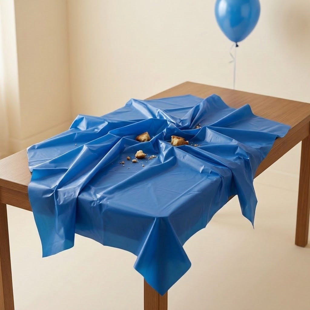 A blue tablecloth is gathered around food scraps on a wooden table, with a blue balloon in the background.
