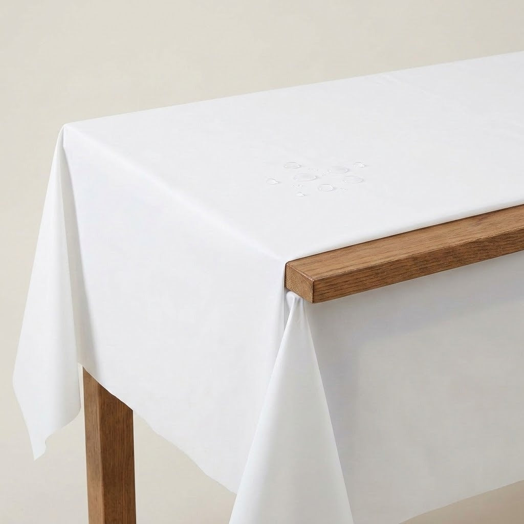 A white tablecloth with water droplets drapes over a wooden table, leaving part of the brown edge exposed.