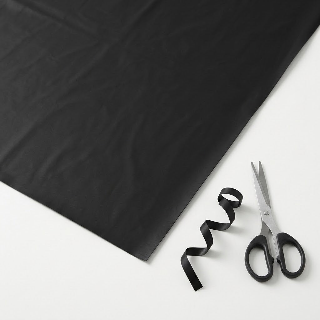 A black tablecloth lies on a white surface beside black-handled scissors and a curled strip of matching material.