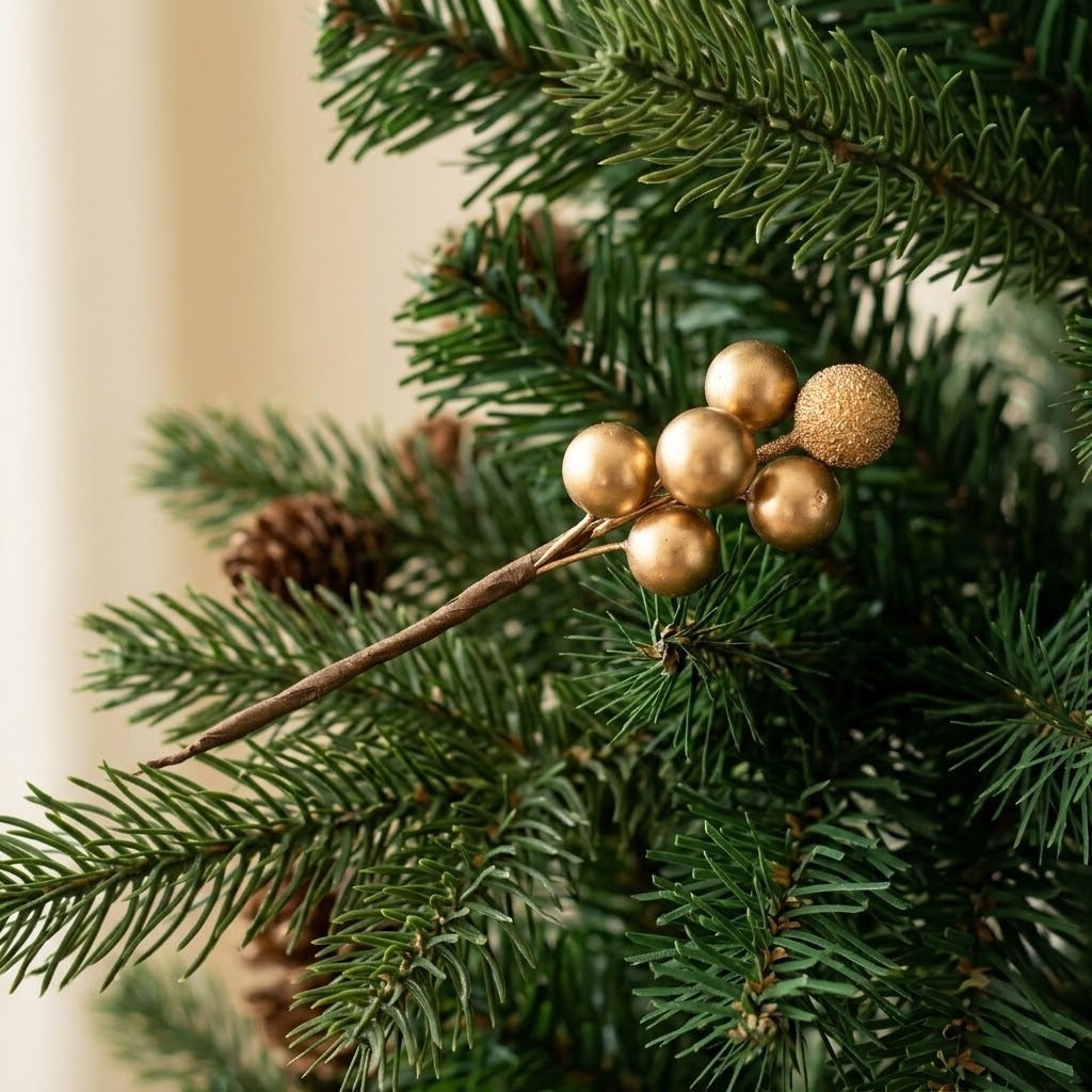 A gold berry pick with smooth and glittered berries rests among green evergreen branches and brown pinecones.