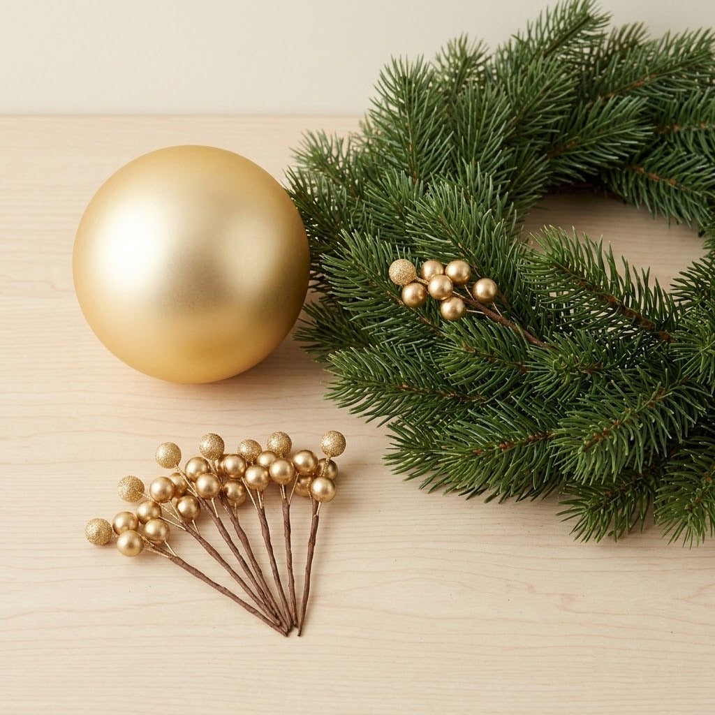 Gold berry picks rest on pale wood beside a gold bauble and a green wreath decorated with another matching pick.