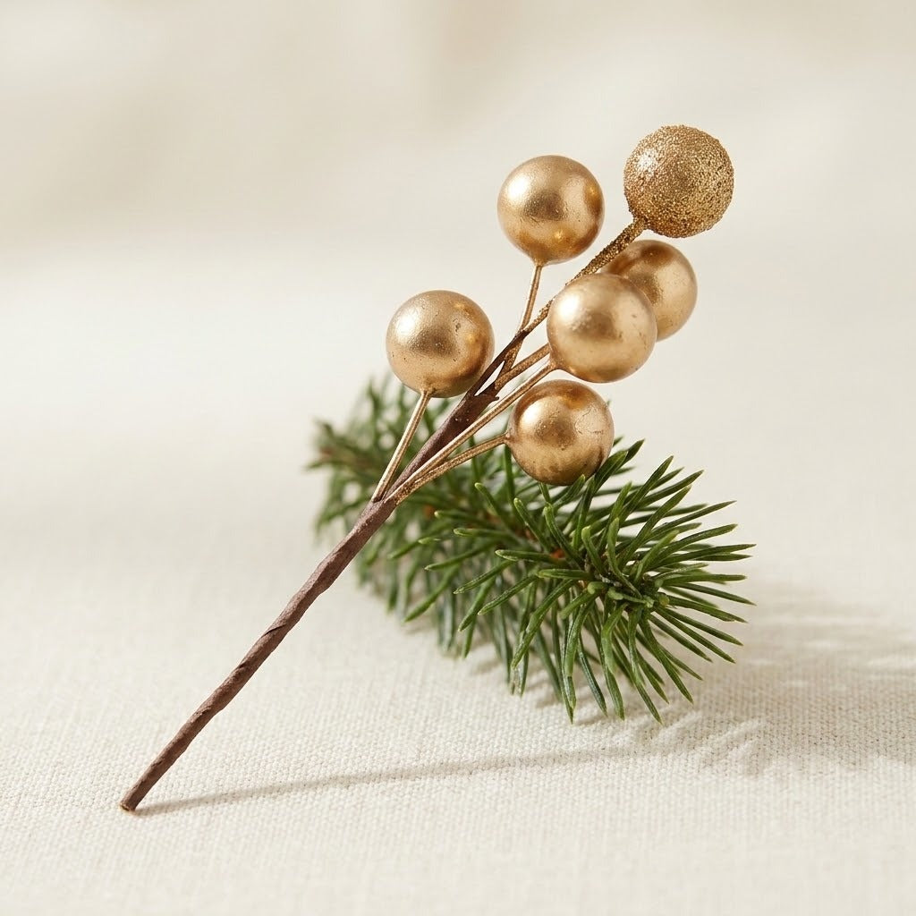 A gold berry pick with a brown wrapped stem rests diagonally across an evergreen sprig on cream fabric.