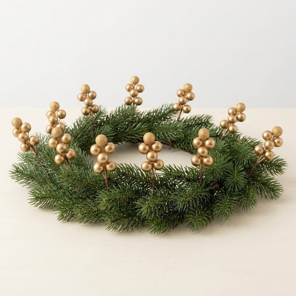 Gold berry picks stand upright around a green evergreen wreath lying on a cream surface against a plain background.