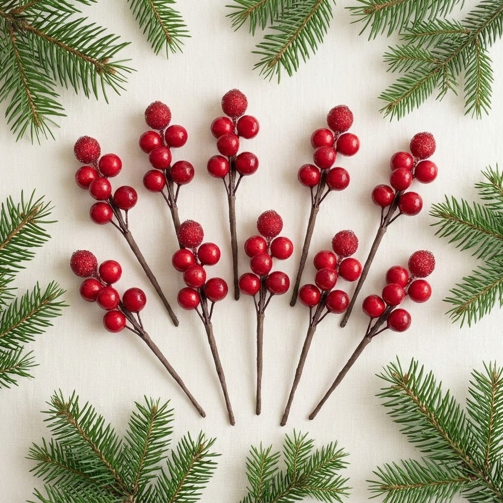Ten red berry picks with brown stems fan across cream fabric, framed by green evergreen sprigs.