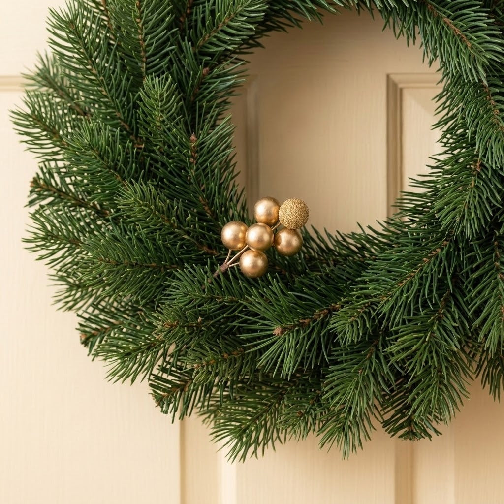 A gold berry pick with smooth and glittered foam berries decorates a green evergreen wreath on a cream paneled door.