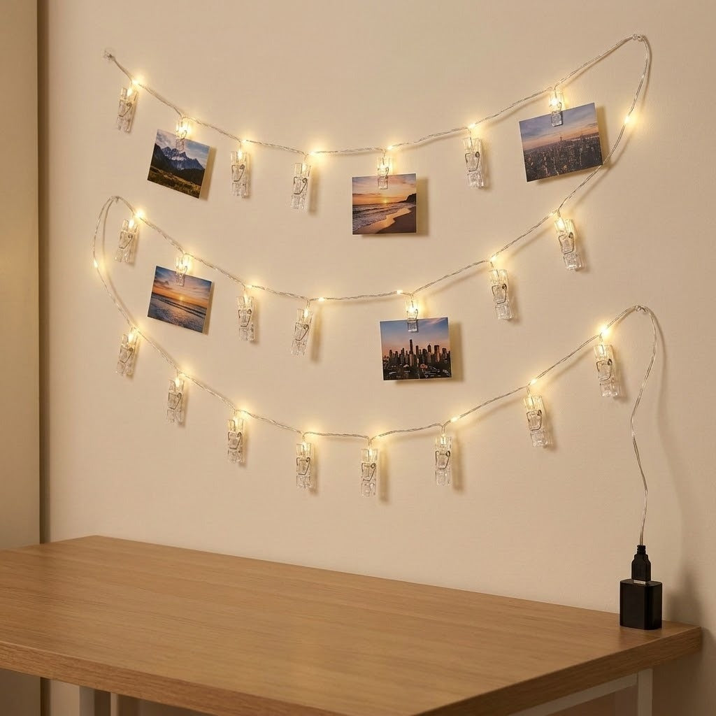 Warm white photo clip lighting with clear clips displays scattered photographs on a beige wall above a wooden table.