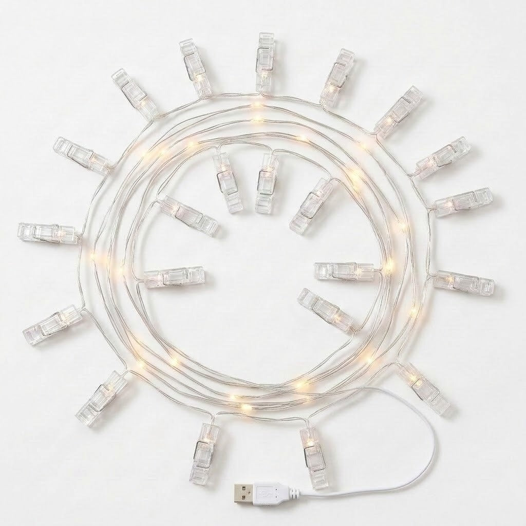 Photo clip lighting with clear plastic clips and warm white lights lies coiled on a white background beside its USB plug.