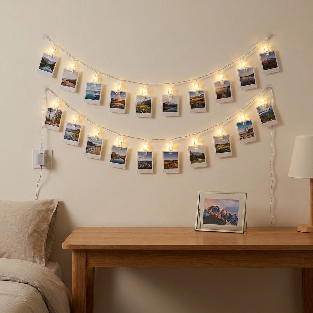 Warm white photo clip lighting displays two rows of landscape photographs on a cream wall above a wooden console.