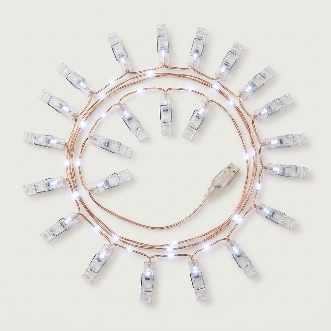 Cool white photo clip lighting with clear clips and copper-colored wire coils around a USB connector on a white background.