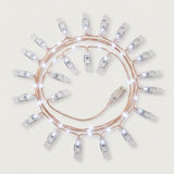 Cool white photo clip lighting with clear clips and copper-colored wire coils around a USB connector on a white background.