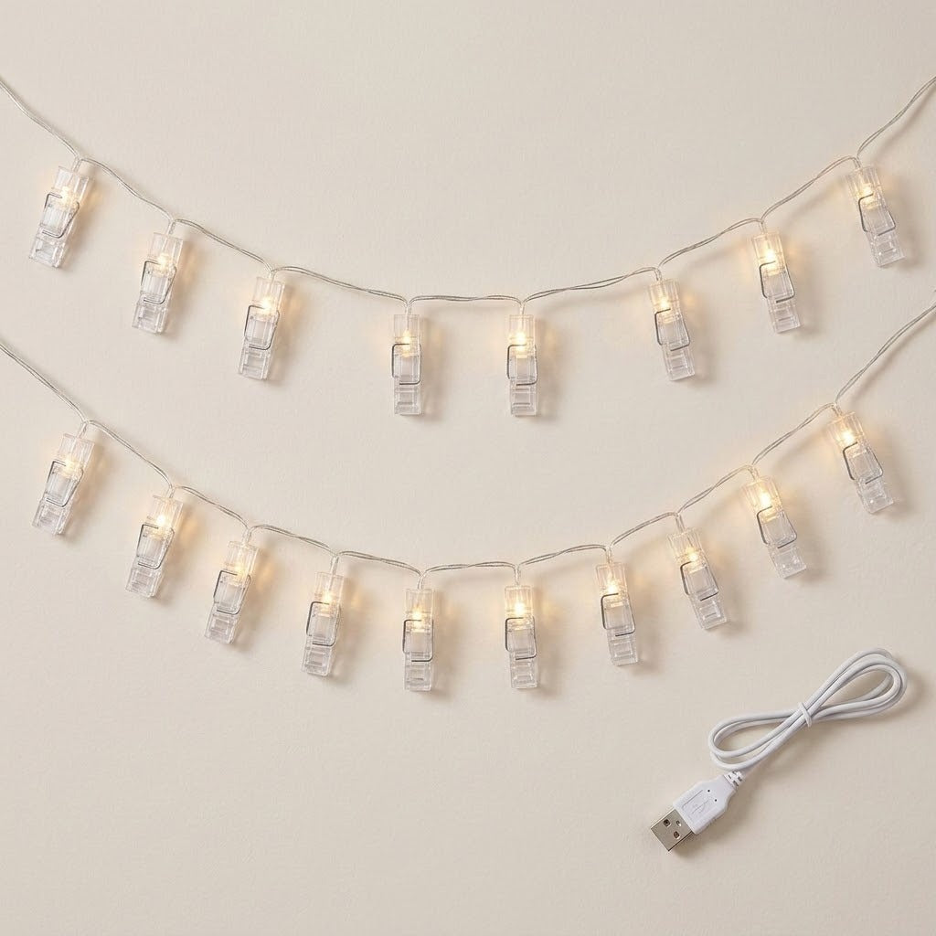 Photo clip lighting with clear plastic clips glows warm white in two curved rows beside a white USB cable on a cream background.