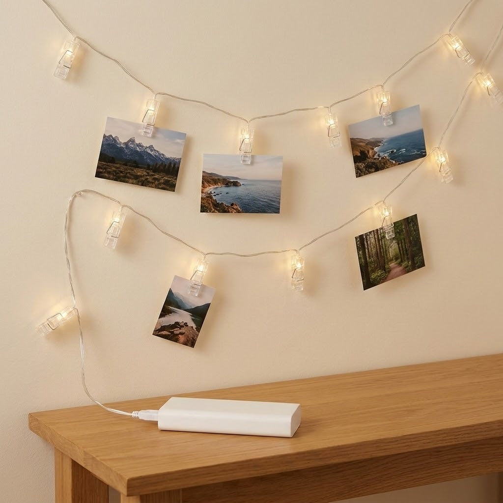 Warm white photo clip lighting holds landscape photographs on a cream wall above a wooden table with a white power bank.