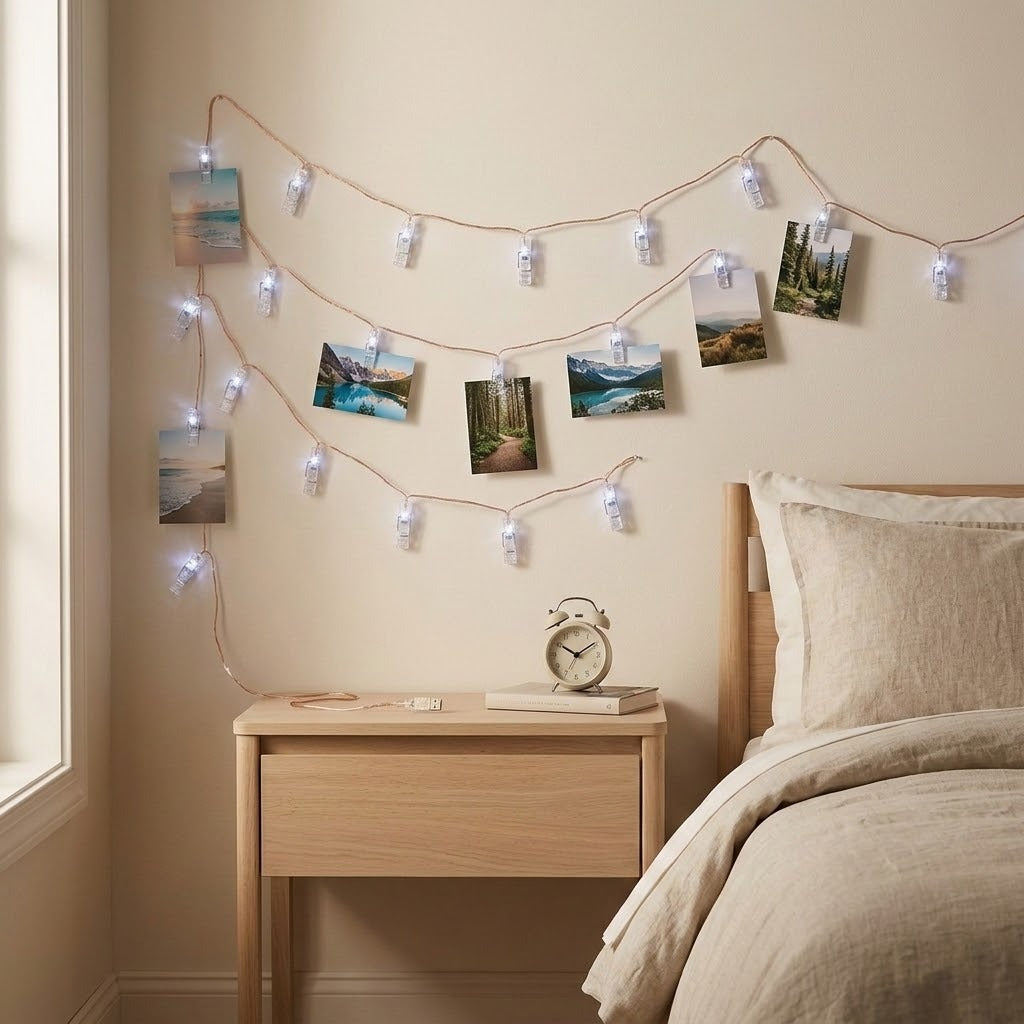 Cool white photo clip lighting displays landscape photographs on a bedroom wall above a wooden nightstand beside a bed.