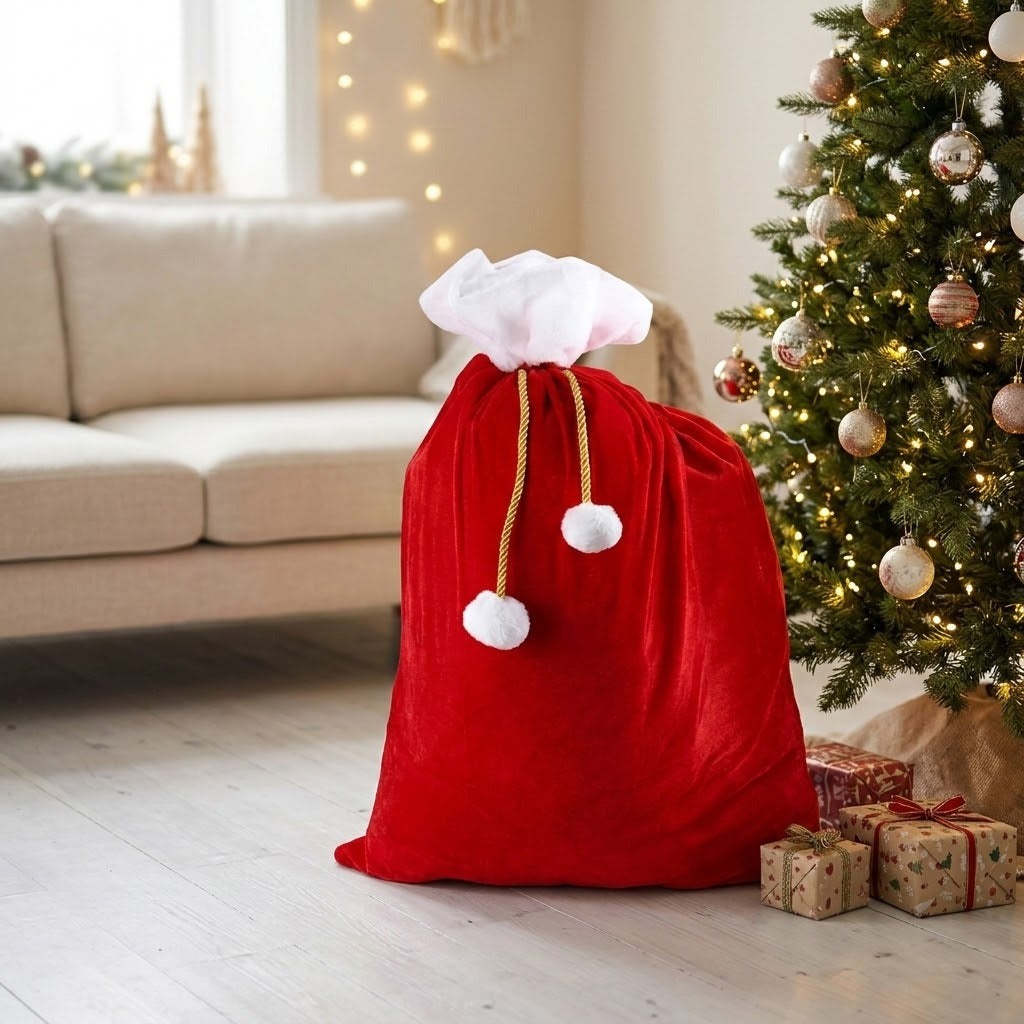 Red gift sack with white trim, gold drawstrings, and white pom-poms stands beside a decorated Christmas tree and wrapped presents.