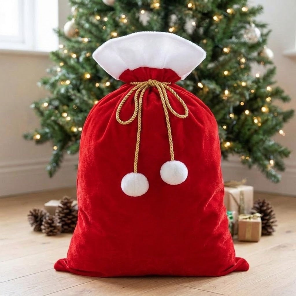 Red gift sack with white trim and gold cords tied in a bow stands before a Christmas tree with presents and pinecones.
