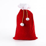 Red gift sack with gathered white trim, gold drawstrings, and two white pom-poms stands against a plain white background.
