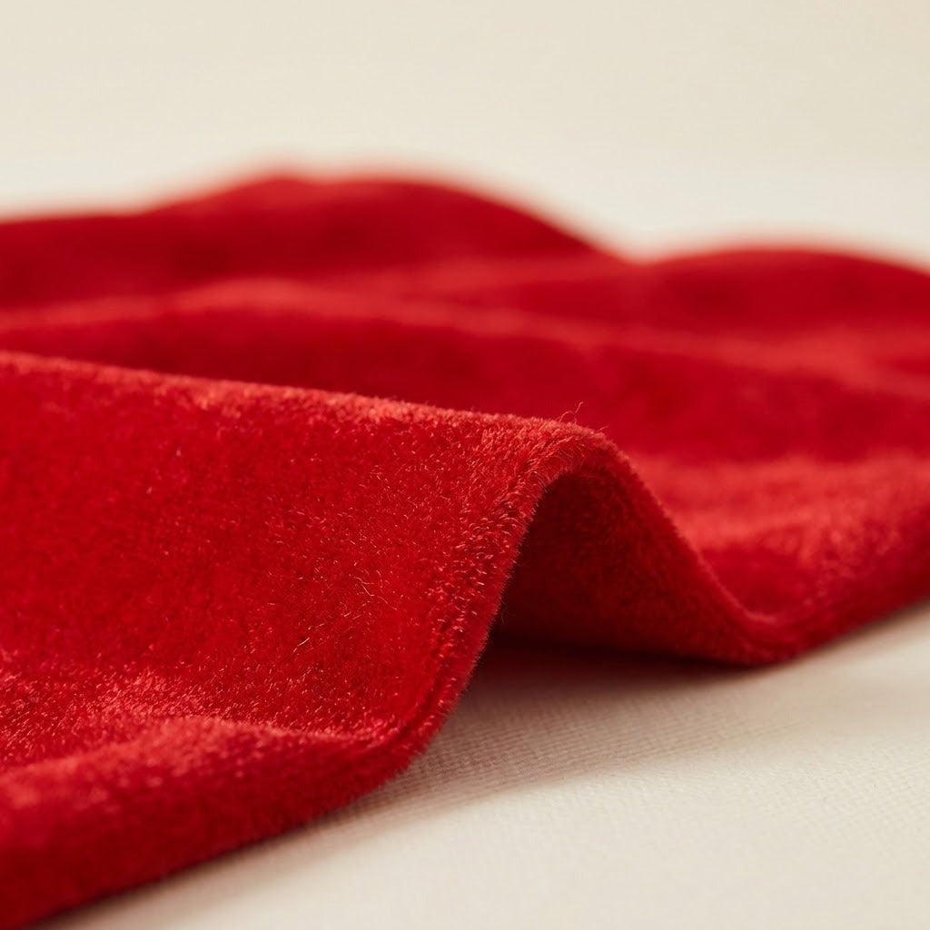 Close-up of a red velvet gift sack shows its plush texture, stitched edge, and soft folds against a cream background.