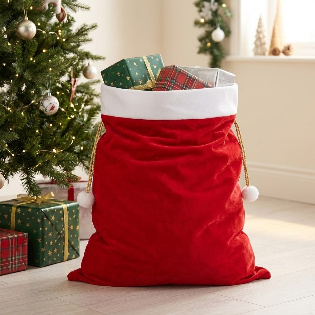 Open red gift sack with white trim holds wrapped presents beside a decorated Christmas tree on a pale wooden floor.