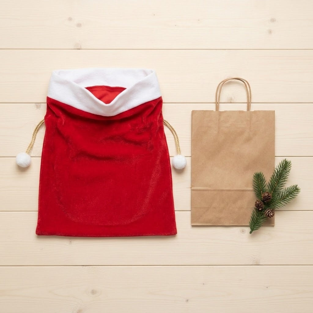Red fabric gift sack with white trim and pompoms beside a brown paper bag and evergreen sprig on pale wooden boards.