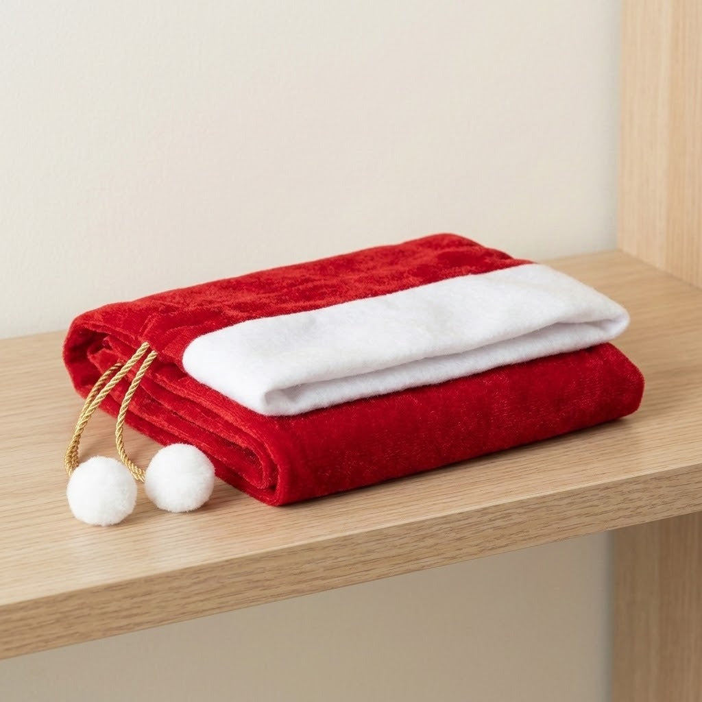 Folded red gift sack with white trim, gold cords, and two white pom-poms rests on a light wooden shelf.