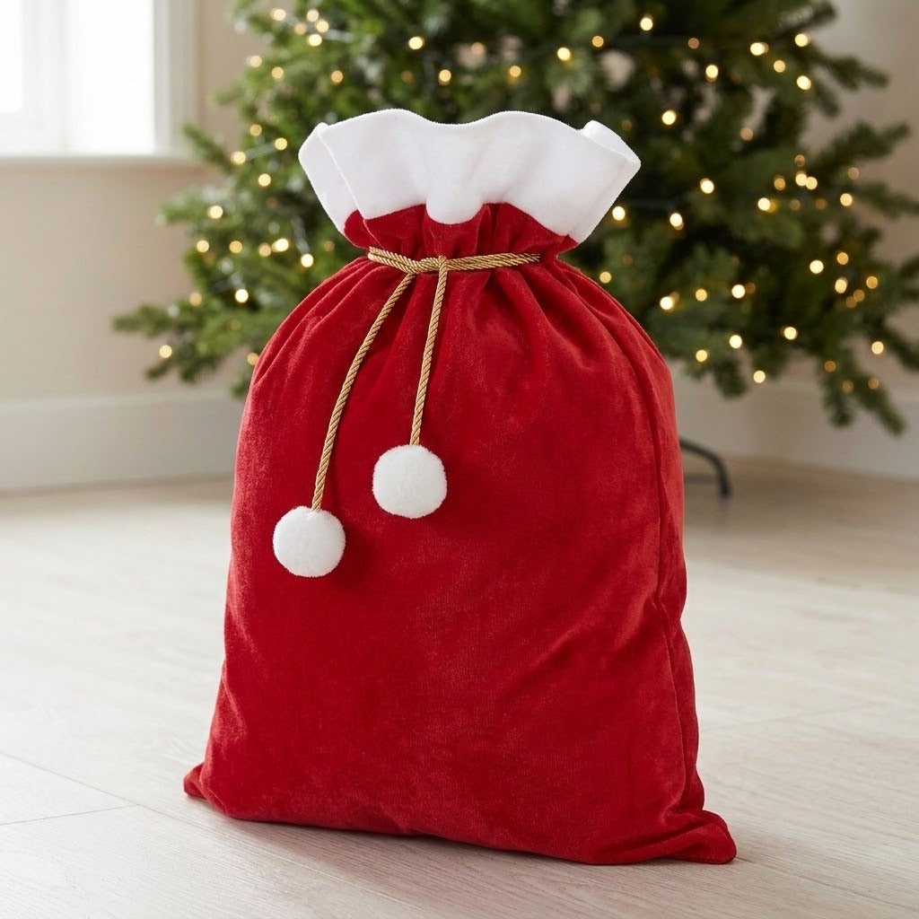 Red gift sack with white trim and gold drawstrings ending in white pom-poms stands on a pale floor before a lit Christmas tree.