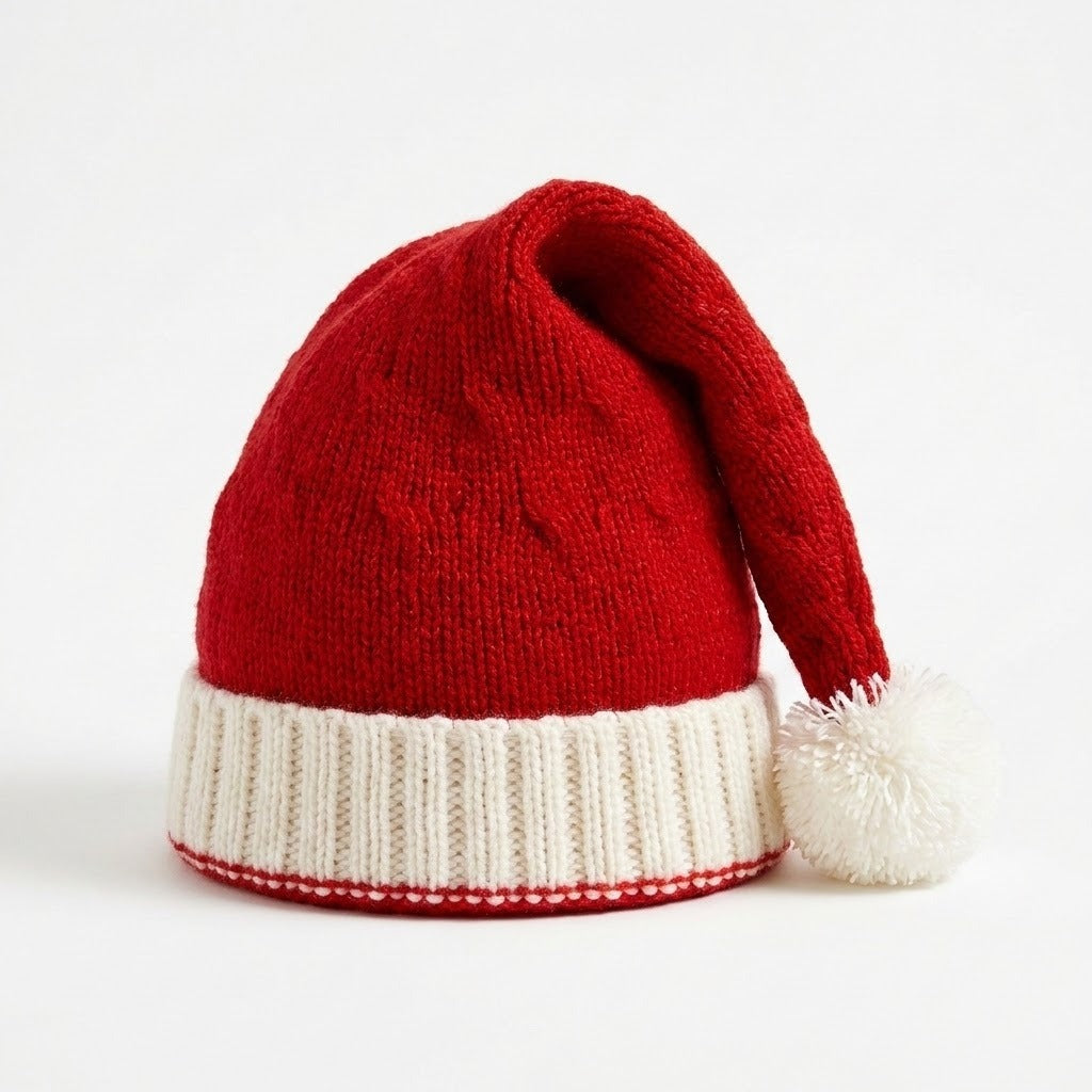 A red and white knit Santa hat with a white pom-pom, photographed on a clean white background.