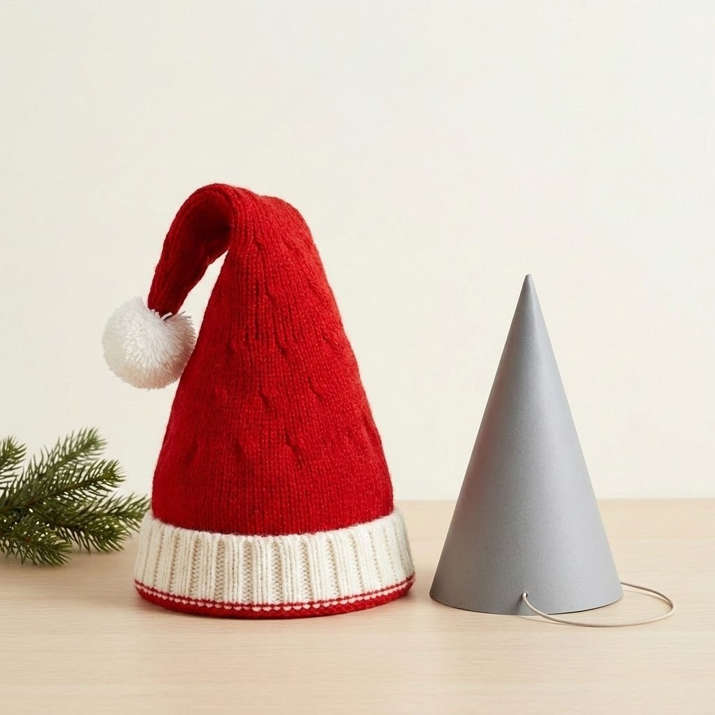 A red knitted Santa hat with a white cuff and pompom stands beside a grey cone on a tabletop near evergreen foliage.
