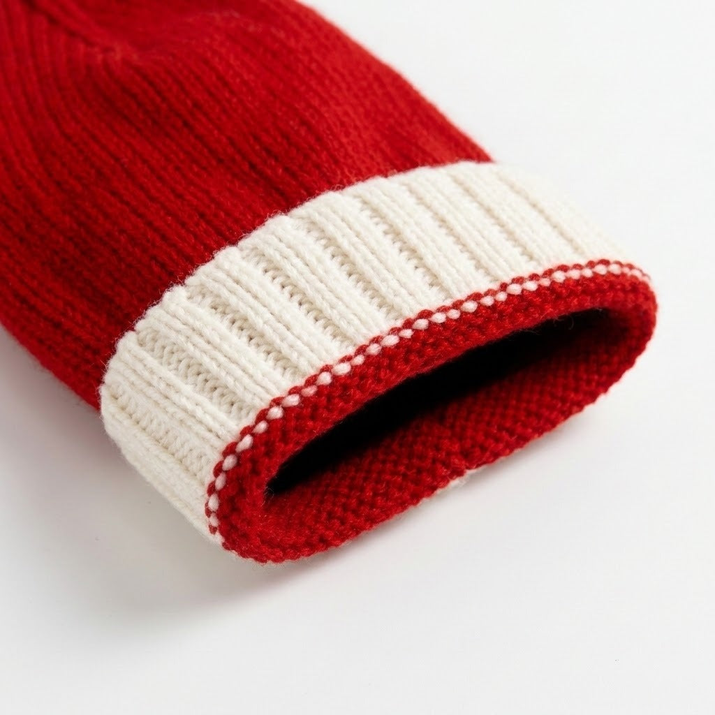 A close-up shows a red knitted Santa hat with a white ribbed cuff and red edging on a white background.