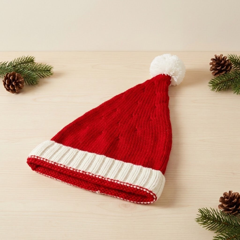 A red knitted Santa hat with a white ribbed cuff and pompom rests on pale wood among evergreen sprigs and pinecones.
