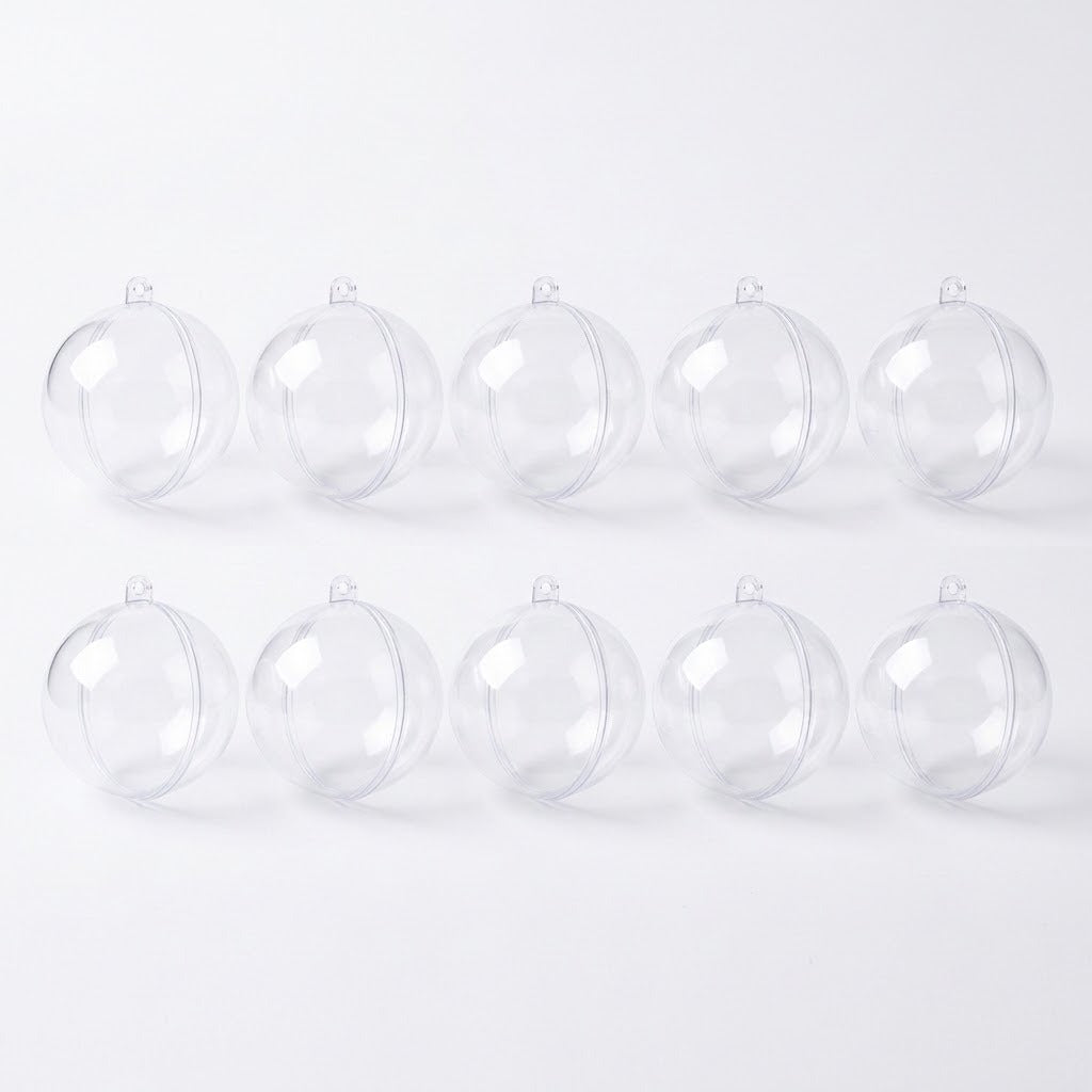 Ten clear plastic fillable ornaments with hanging tabs stand in two rows of five against a white background.