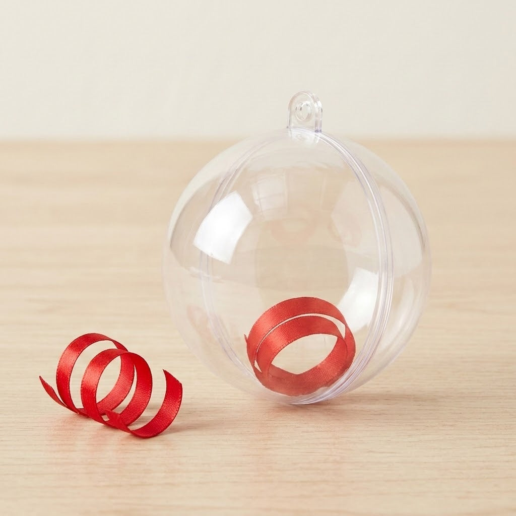 A clear plastic fillable ornament contains curled red ribbon on pale wood, with another ribbon curl beside it.