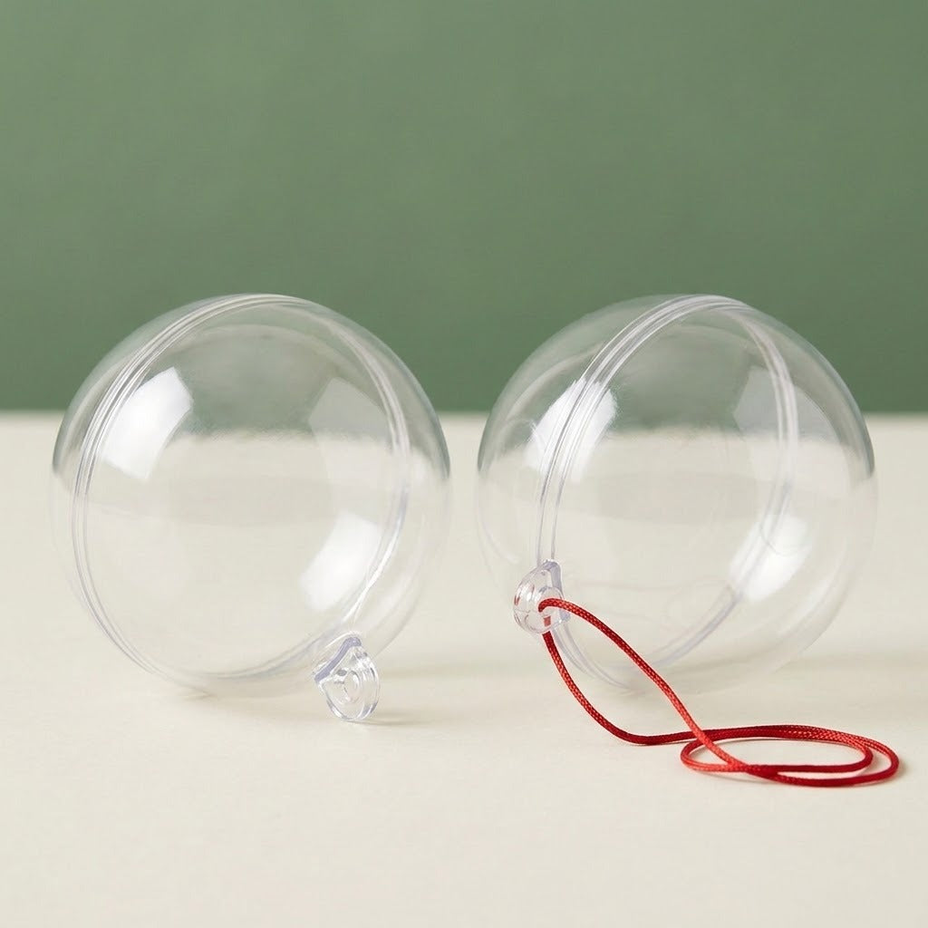 Two clear plastic fillable ornaments rest on a cream surface against a green background, one with a red hanging cord.