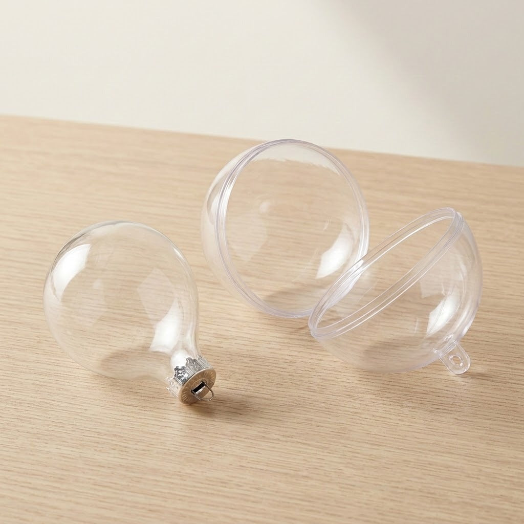 Clear plastic fillable ornament halves rest beside a silver-capped clear ornament on a light wooden tabletop.