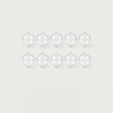 Ten clear plastic fillable ornaments with top hanging loops form two evenly spaced rows of five against an off-white background.