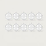 Ten clear plastic fillable ornaments with hanging loops and visible seams form two rows of five against an off-white background.