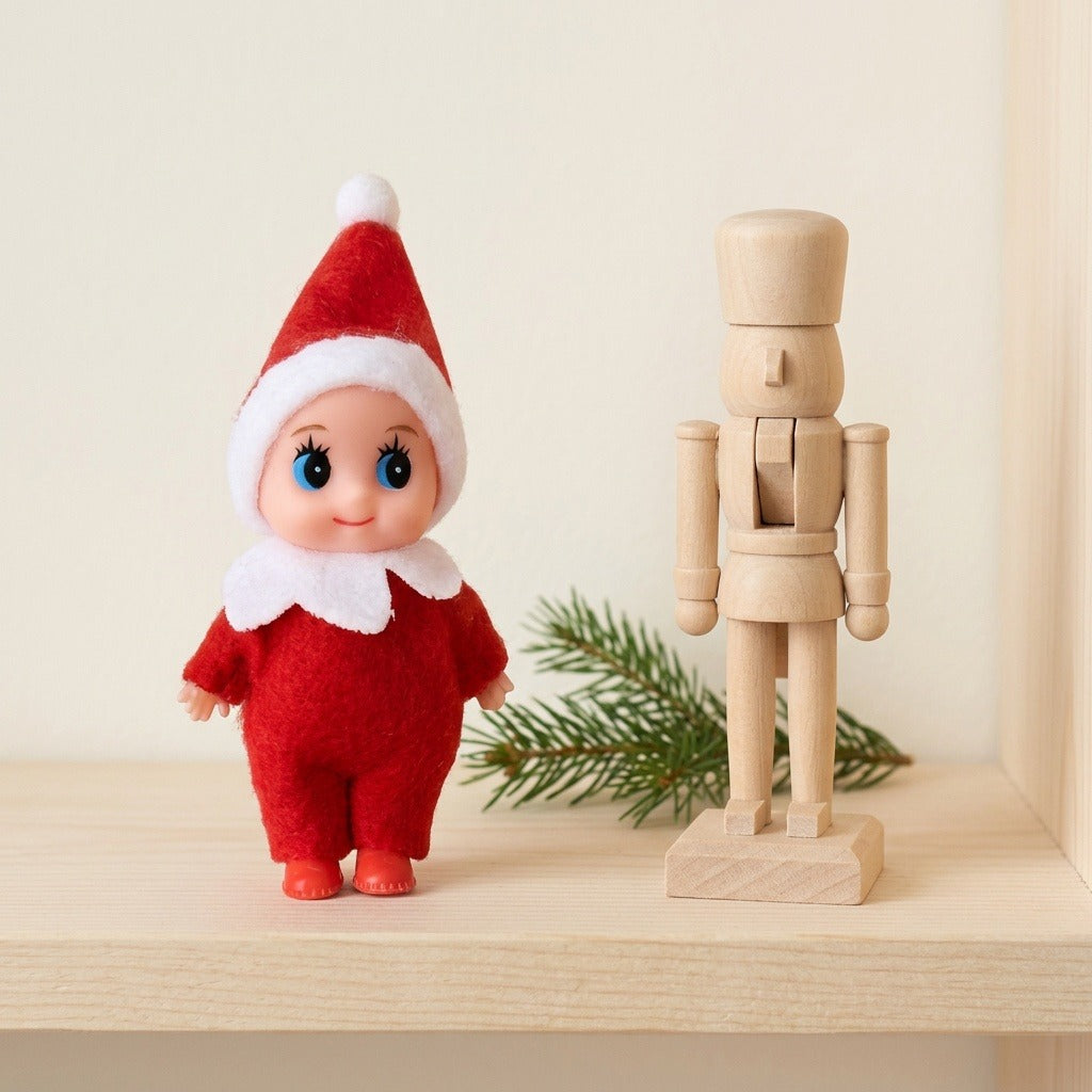 Elf doll in red clothing with white trim stands beside a wooden nutcracker and evergreen sprig on a pale wooden shelf.