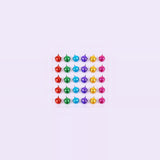 Thirty tiny metallic jingle bells in six colors form a compact grid with generous pale space around them.