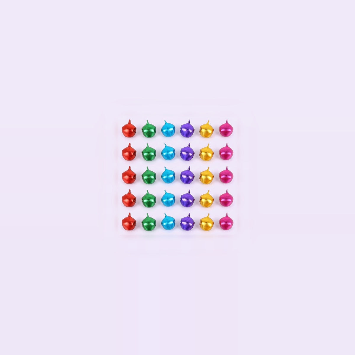 Thirty tiny metallic jingle bells in six colors form a compact grid with generous pale space around them.
