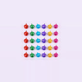 Thirty colorful metallic jingle bells with hanging loops form a centered grid surrounded by a wide pale background.