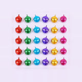 Shiny red, green, blue, purple, gold, and pink jingle bells form five evenly spaced rows on a pale background.