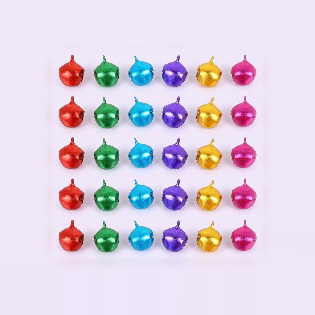 Shiny red, green, blue, purple, gold, and pink jingle bells form five evenly spaced rows on a pale background.