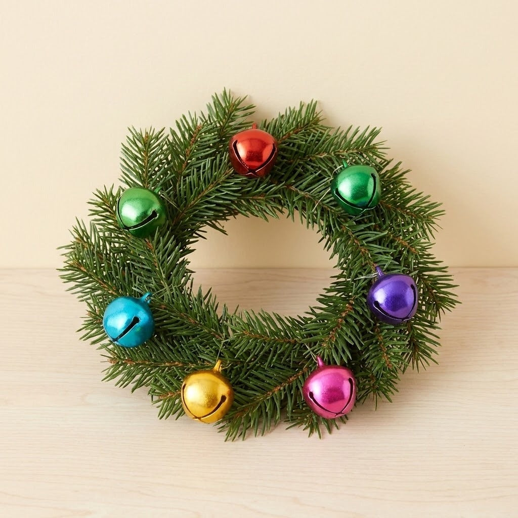 A green evergreen wreath decorated with red, green, blue, purple, gold and pink jingle bells stands against a cream background.
