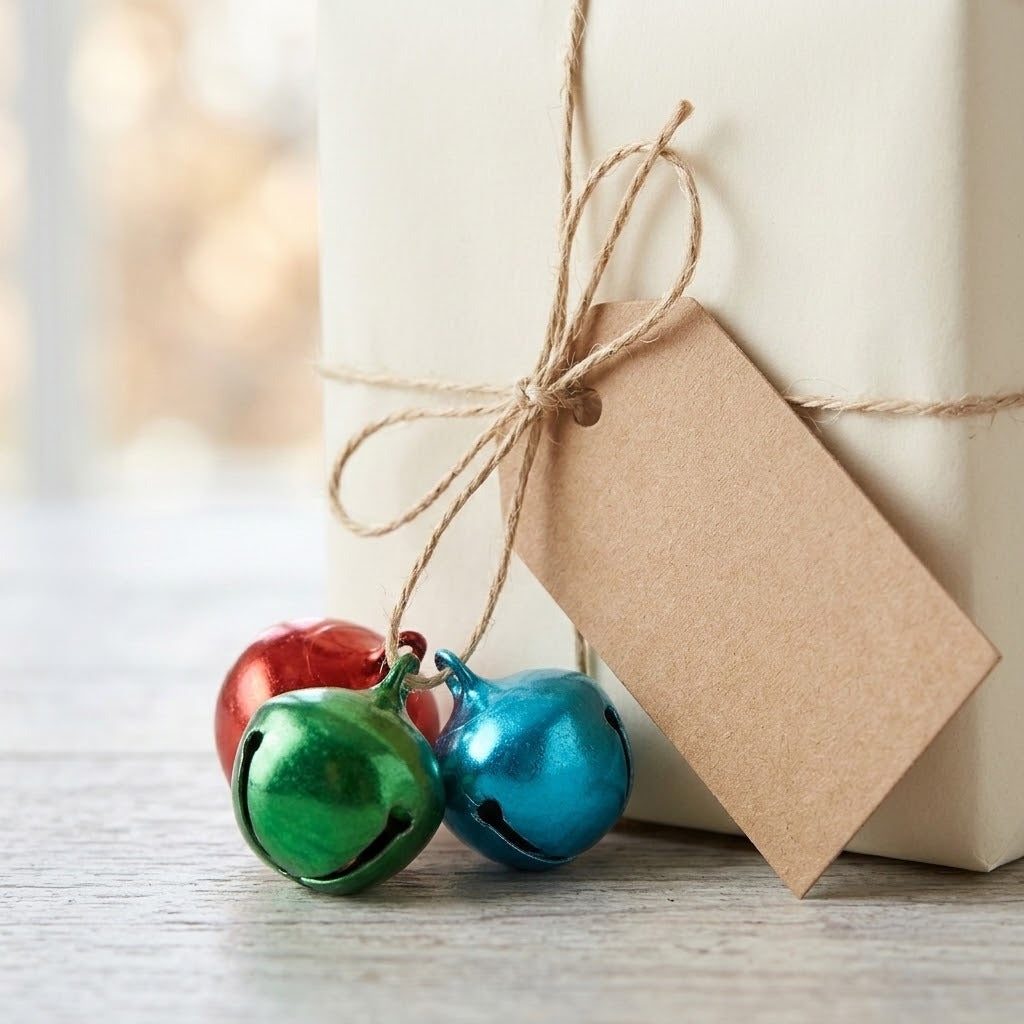 Red, green, and blue metallic jingle bells hang from twine beside a blank brown tag on a cream gift box.